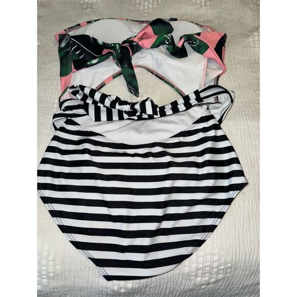 Cupshe Women's One Piece Swimsuit S Striped Leaf Print Halter Padded Cut-Out - Picture 3 of 3